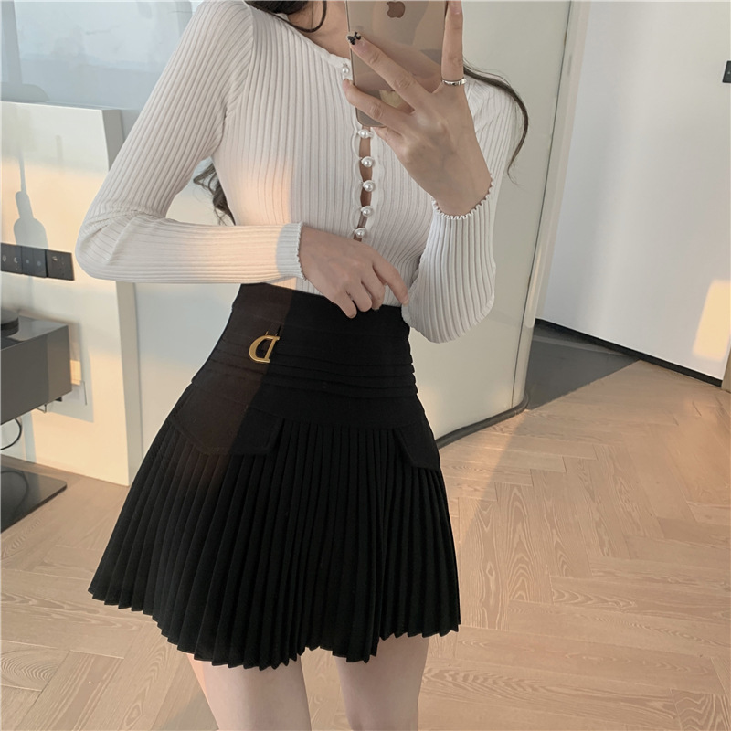 White Pleated Skirts Sexy Casual Slim College Women High Waist Mini Metal Letter D ALine Clubwear Korean Fashion Style 220701
