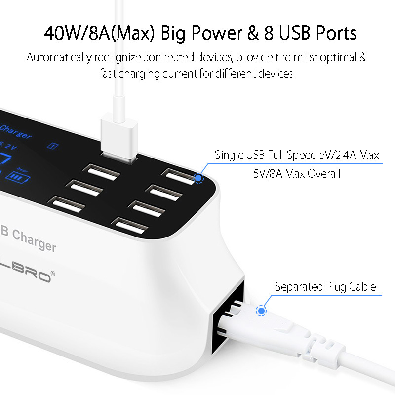 8 Port Wall Usb Hub Charger Adapter 8a Multiple For Mobile Phone Led Desktop Charging Station Base Eu Us Uk Plug