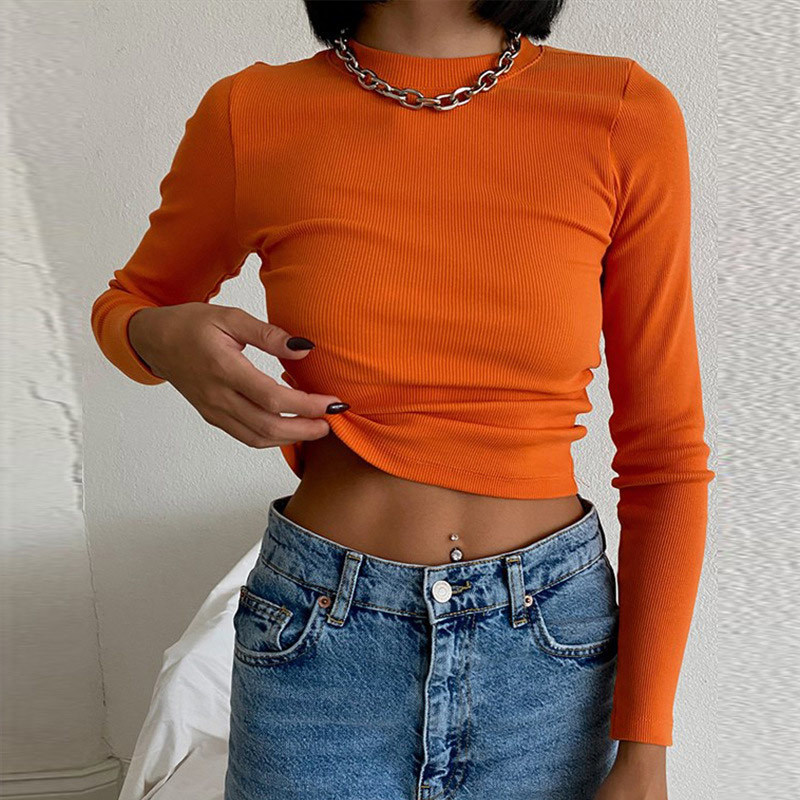 Sexy Women Ribbed Long Sleeve Shirt O Neck Short Tops Spring Solid Casual Skinny Slim Basic Fashion Woman Cropped T 220714