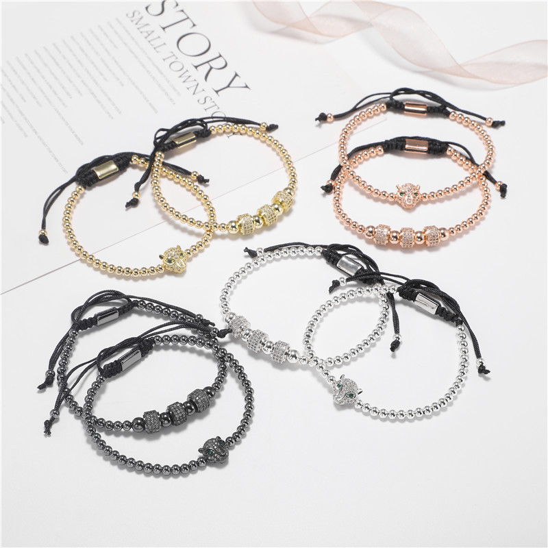 Factory Design CZ Leopard Head Charm Bracelet Colorful 4MM Copper Beads Strands Bracelets 2pcs/set