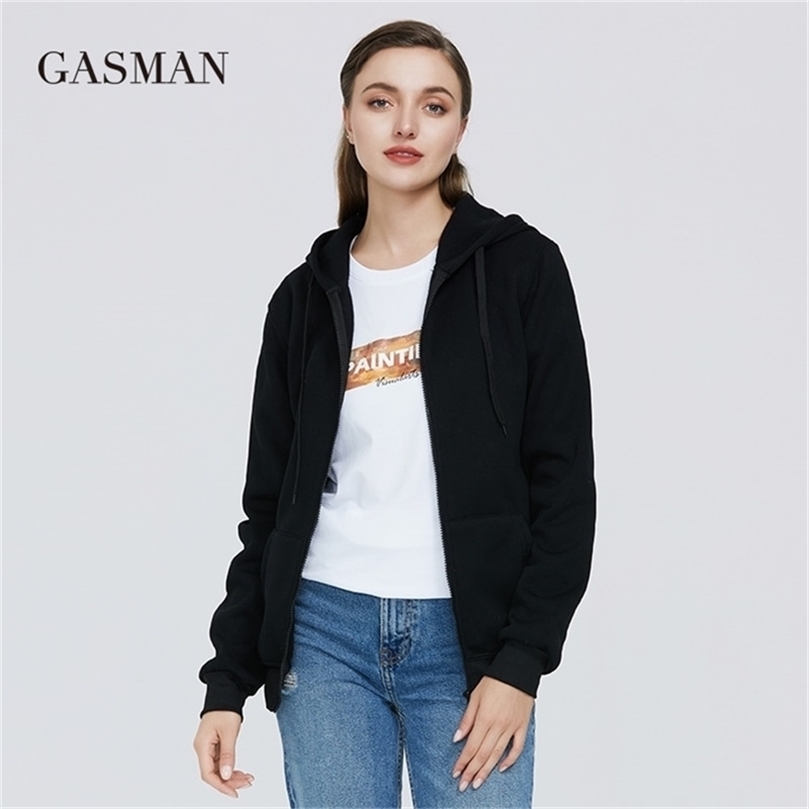 GASMAN Clothes casual solid hoodies sweatshirts Women's hoodies zipper long sleeve winter Female pocket hooded sweatshirts 201216