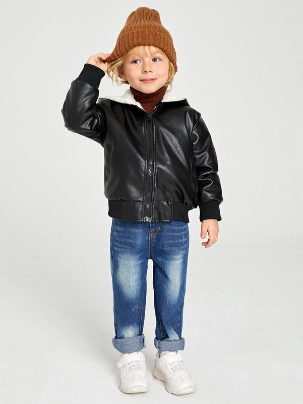 Toddler Boys Zipper Hooded Teddy Lined PU Leather Jacket SHE