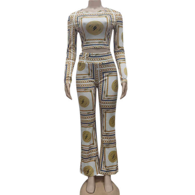 J2618 Womens Fashion Luxury Set Short Top Casual Designer Printed Trousers Two Piece Set