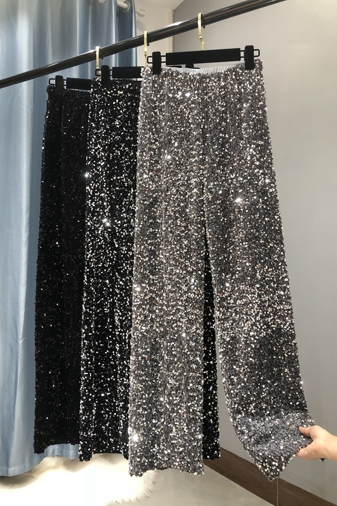 Autumn and Winter Woman Thickening Velvet Sequined Wide-Leg Long Pants Draping Mopping Shiny Straight-Leg Trouser 220325
