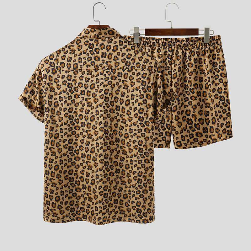 Summer Fashion Men Sets Streetwear Leopard Printed Lapel Short Sleeve Shirt Beach Shorts Hawaiian Suits 2 Pieces INCERUN 5XL 220708