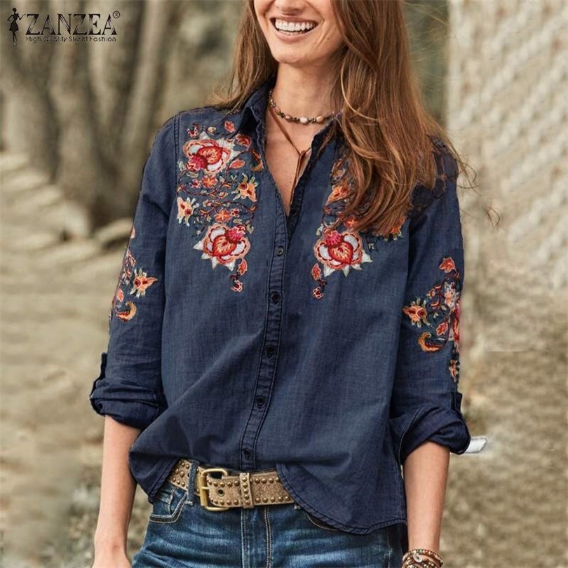 Women's Embroidery Blouse 2019 Elegant Denim Blue Shirts Long Sleeve Chemise Female Button Down Blusa Tunic Plus Size Top T200321