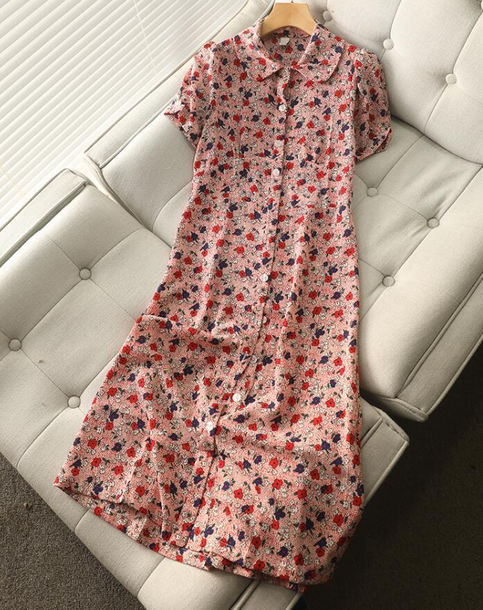 Elegant French style Women Floral Print Shirt Dress Office Ladies Single-breasted Buttons Lapel Retro Summer Dresses Vintage 220511