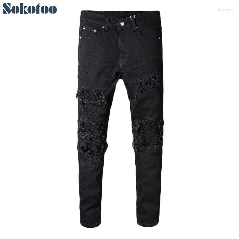 Men's Jeans Sokotoo Men's Black Patchwork Stretch Denim Biker For Motorcycle Slim Fit Skinny Ripped Pencil PantsMen's Heat22
Men's Jeans Sokotoo Men's Black Patchwork Stretch Denim Biker For Motorcycle Slim Fit Skinny Ripped Pencil PantsMen's Heat22
