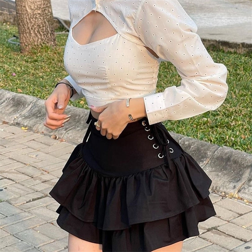 Retro solid color high waist sexy hollow summer black short skirt ruffled a-line woman s extreme mini micro 220317