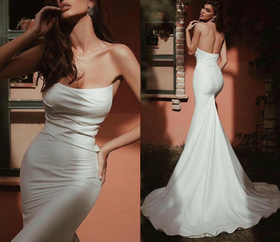 Simple Satin Mermaid Wedding Dresses Strapless Trumpet Bridal Gowns Sexy Backless Brides Dress Chic Robe De Mariee Custom Made 2022