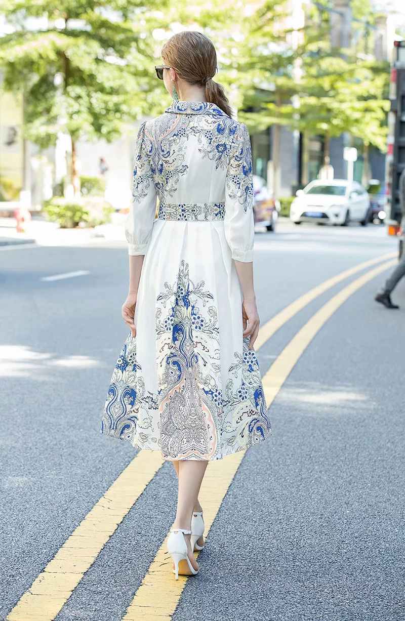 Women's Runway Dresses Turn Down Collar 3/4 Sleeves Printed High Street Fashion Dress Vestidos