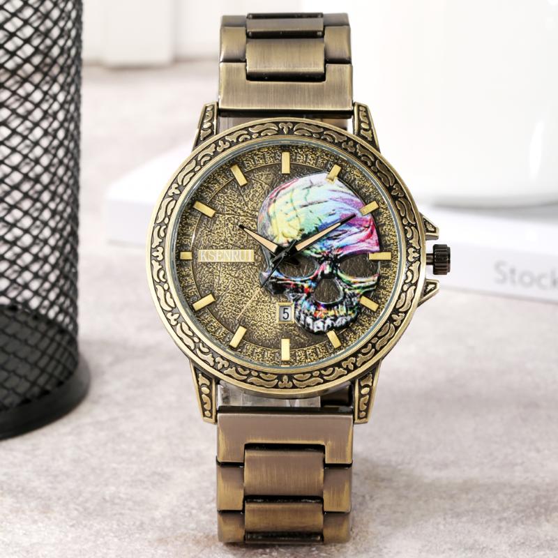 Wristwatches Art Embossed Skull Painting Watch Retro Bronze Street Wear Full Stainless Steel Band Quartz Vintage Watches For Men Luxury Relo, Red copper color a
Wristwatches Art Embossed Skull Painting Watch Retro Bronze Street Wear Full Stainless Steel Band Quartz Vintage Watches For Men Luxury Relo, Red copper color a