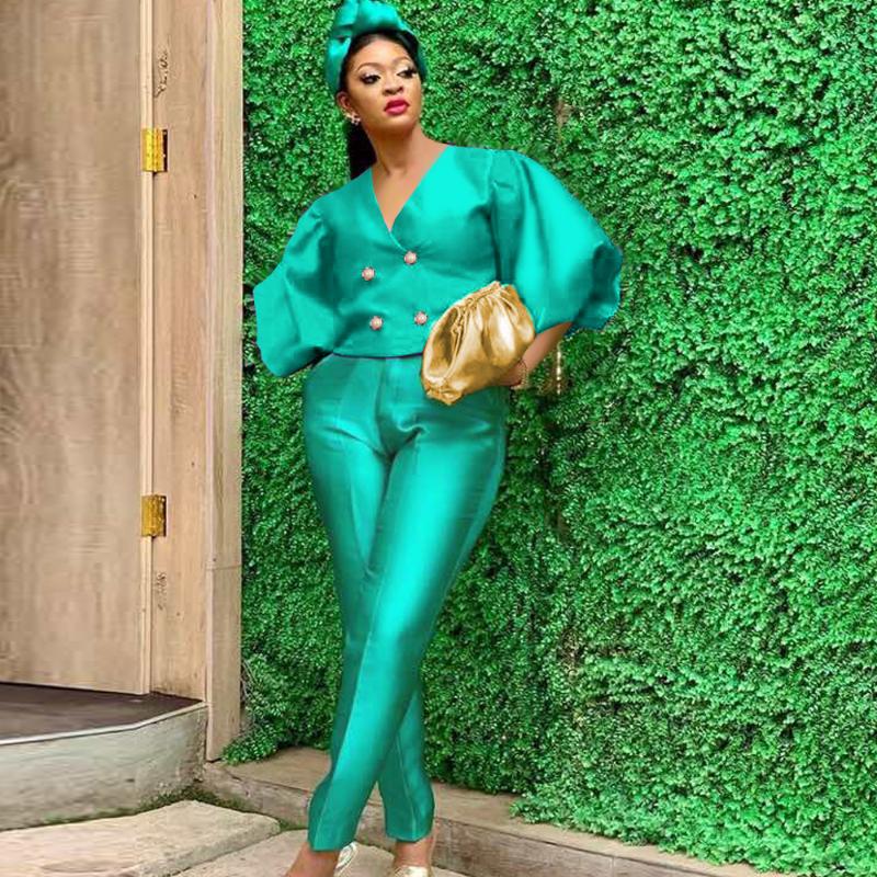 Women' Two Piece Pants Women Green Pieces Sets V Neck Tops Lantern Sleeves Double Buttons High Waist Trousers Suits Elegant Office Fashion
Women' Two Piece Pants Women Green Pieces Sets V Neck Tops Lantern Sleeves Double Buttons High Waist Trousers Suits Elegant Office Fashion