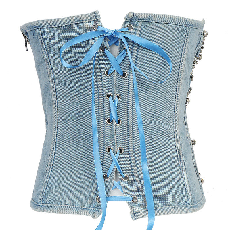 Women Denim Tube Top Diamond Beaded Strapless Vest Lace up Zipper Bustier Bra Night Club Party Tank Female Y749 220316