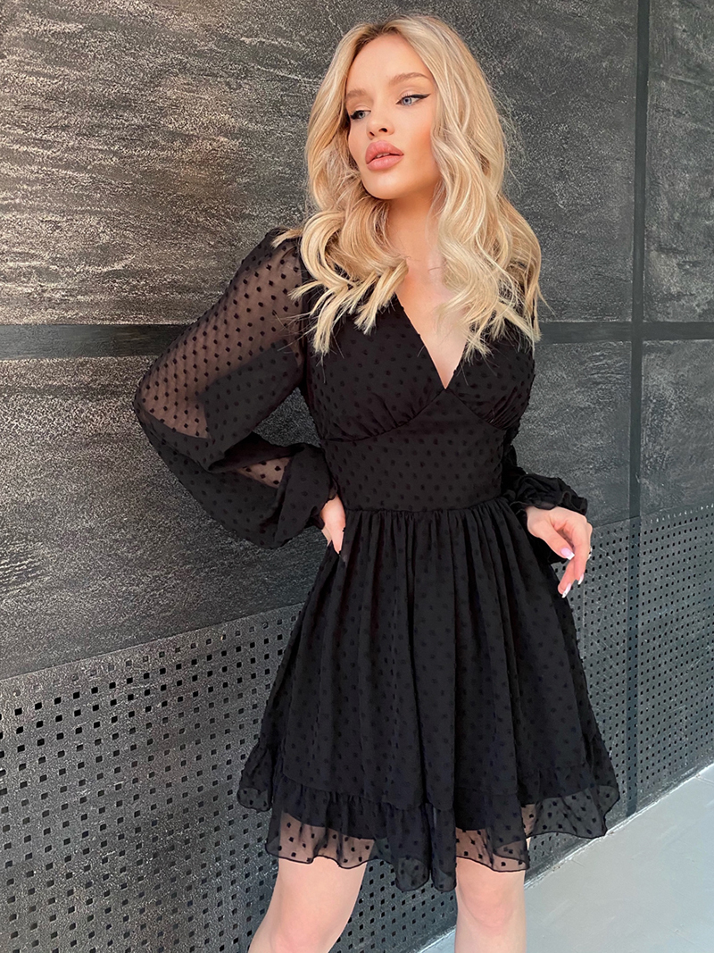 Capucines Swiss Dot Ruffles Deep V Neck Summer Dress Women Solid Color Lantern Sleeve French Robe A Line Mini Chiffon Dresses 220426