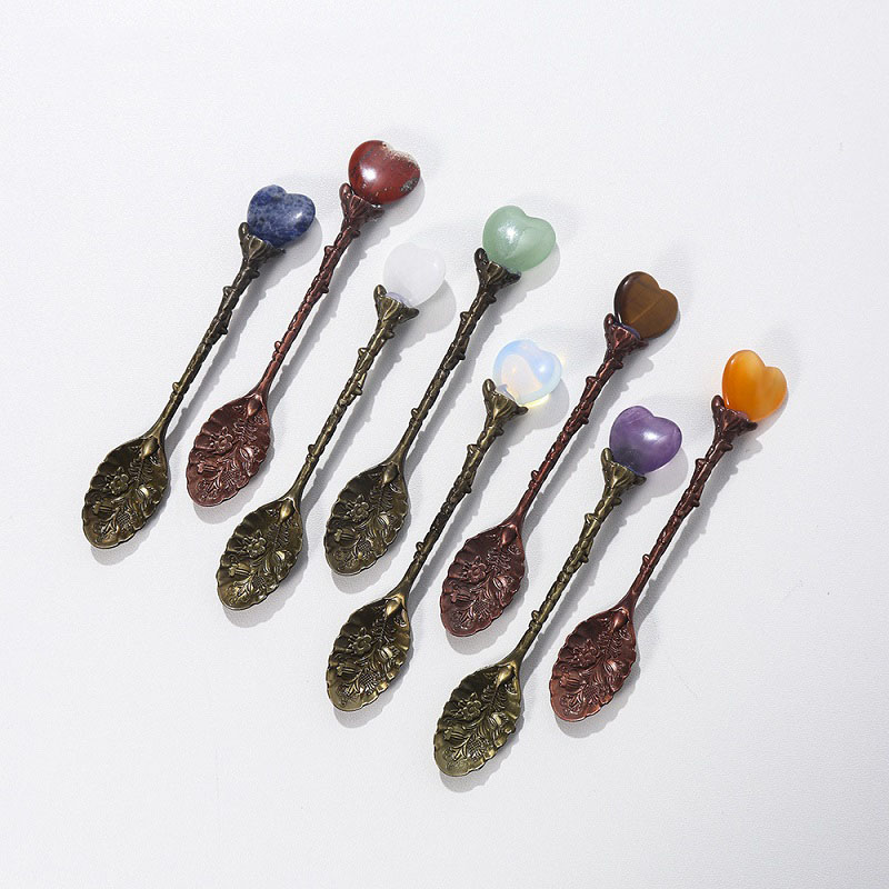 Natural Healing Crystal crafts love heart coffee Spoon Polished Reiki Chakra Gem Long Handle Stirring Small Spoon with white gift box
