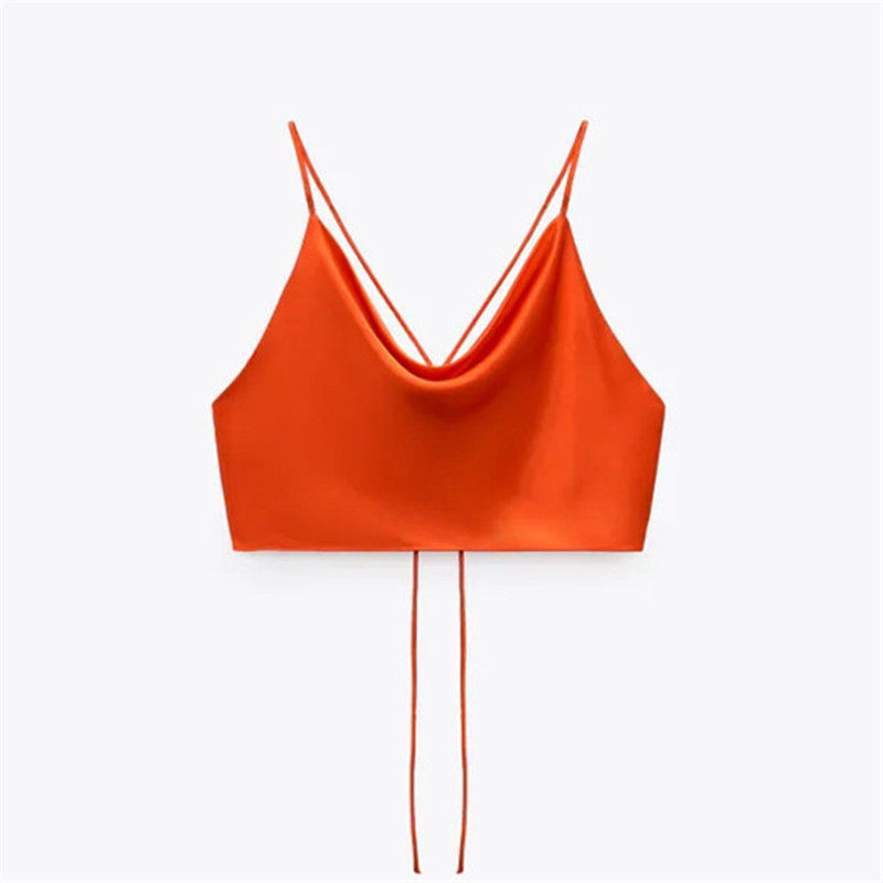 TRAF Top Women Satin Woman Orange Summer Crop Female Backless Pink White Straps Sleeveless Sexy Tanks Camis 220316