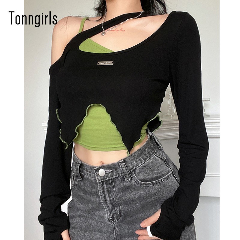 Tonngirls Y2k Vintage T shirt Grunge Tie Dye Crop Tops 2 piece Women Casual Camis Streetwear Long Sleeve Lace Up Tee Top 220714