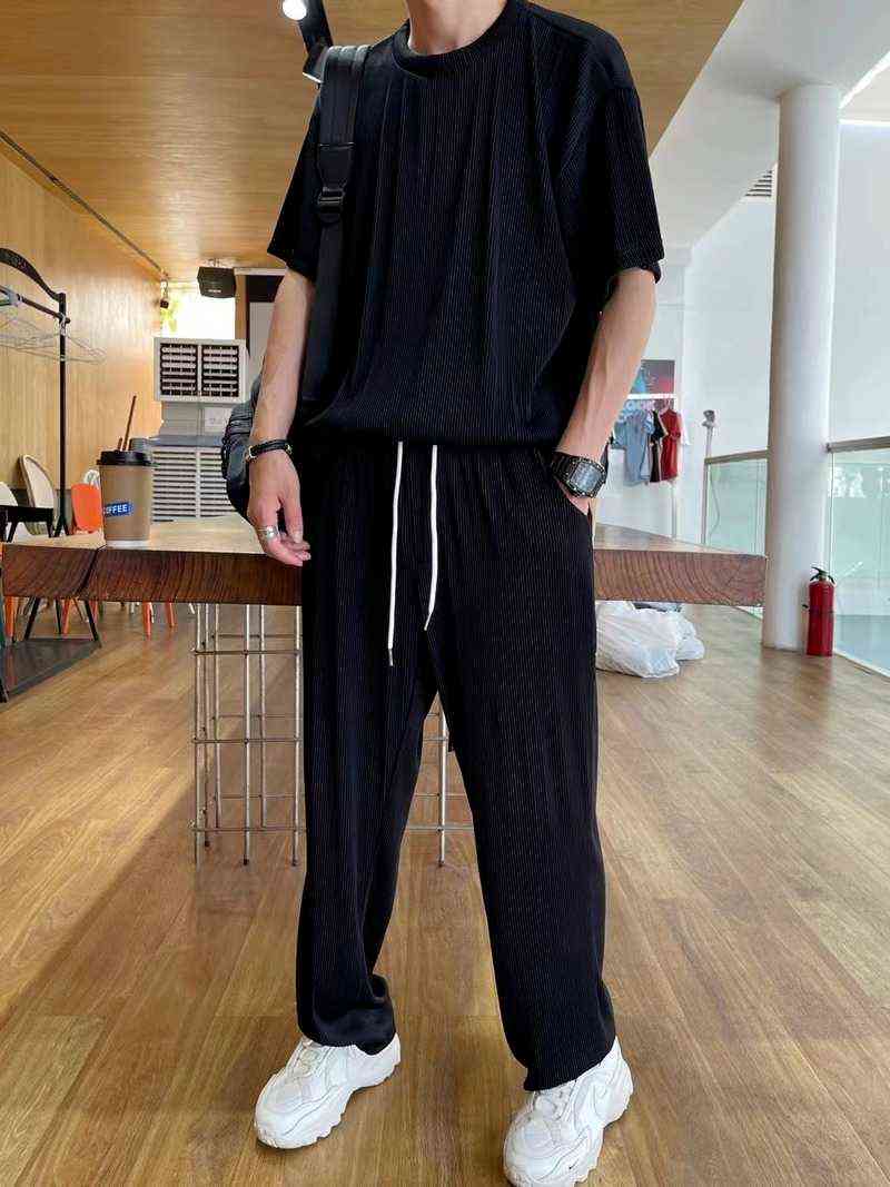 Ice Silk Casual Suit Male Ins Tide Brand Straight Pleated Sports Pants Summer Thin Section Handsome Drape Suit Mens Clothing L220607