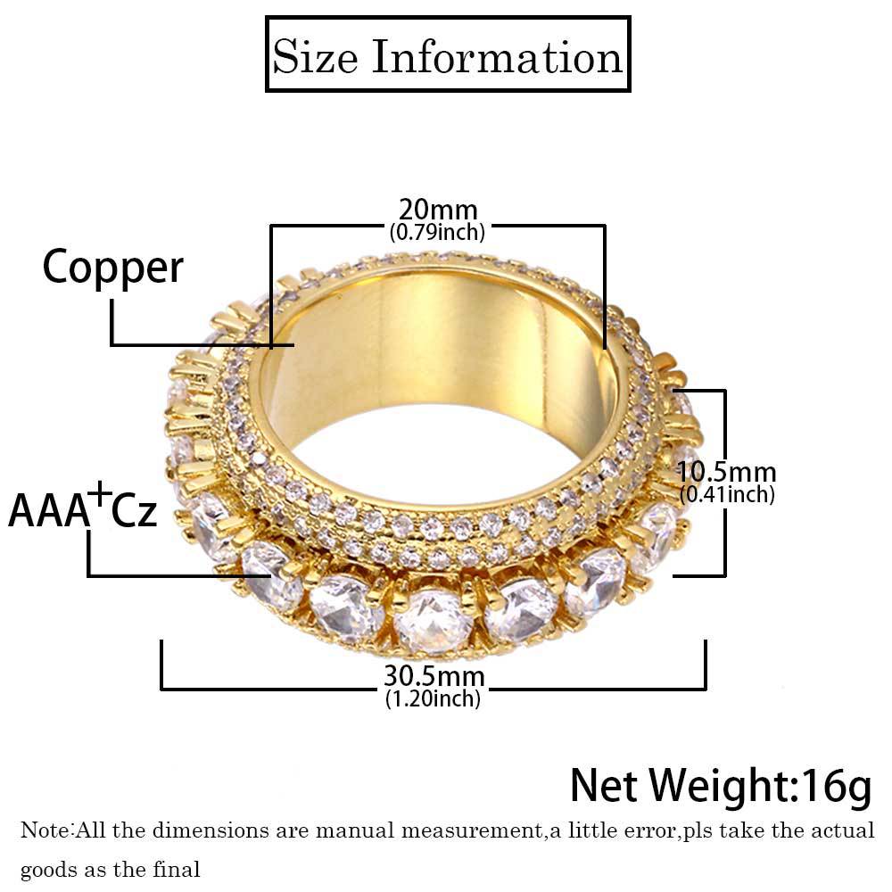 Popular Five-row Zircon Rotating Ring with Side Stones Rotatable Hip Hop Men's Finger Jewelry