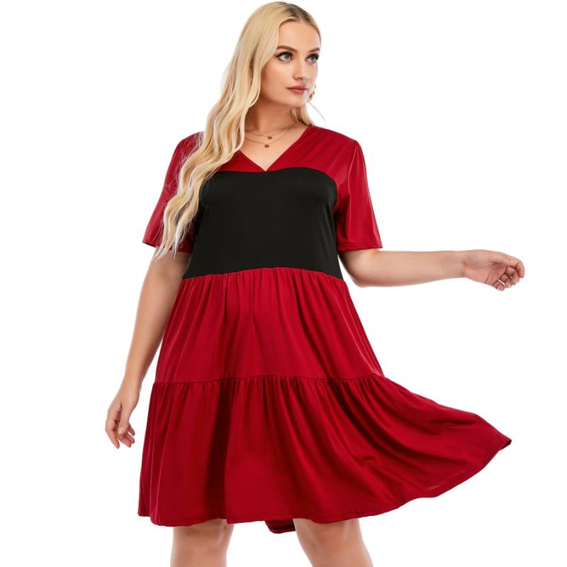 

Plus Size Dresses 2022 Summer Women V Neck Short Sleeve Dress Elegant Contrast Multicolor Mini Sundress Tunic Extra Big, Red