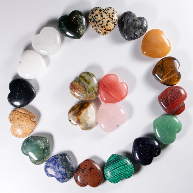 Natural crystal stone 25mm Opal Rose Quartz Tiger Eye turquoise Amethyst Heart for Yoga Energy Bead For Chakra Healing Ornaments
