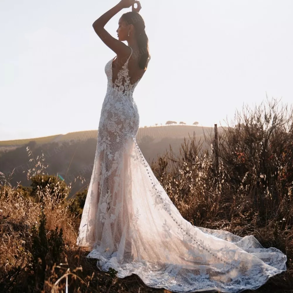 Boho Mermaid Bridal Gowns Lace Appliques Beach Spaghetti Straps Bride Dresses country trumpet Bohemian wedding dress