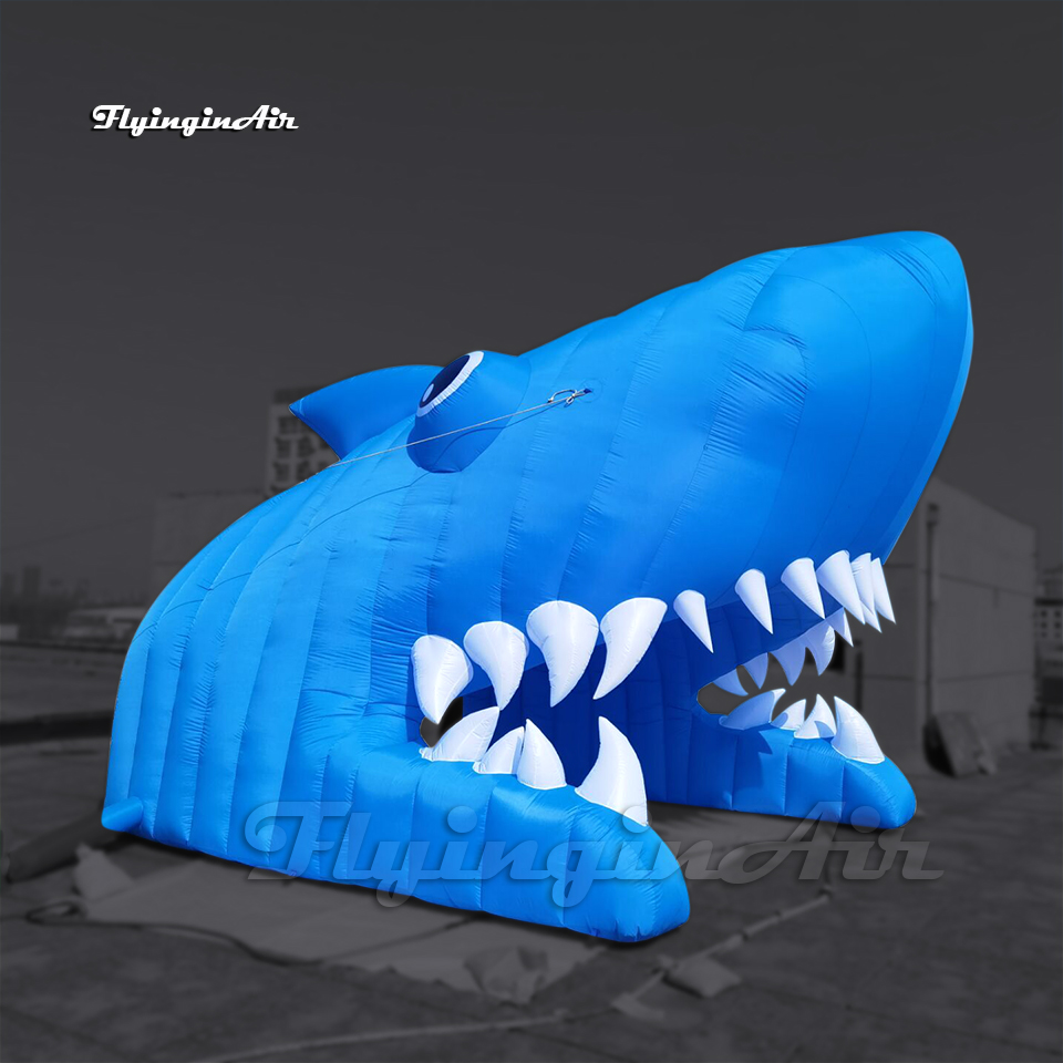 Outdoor Entrance Decorative Inflatable Shark Head Tunnel 4m Cartoon Sea Animal Mascot Model Blue Blow Up Shark Arch For Event