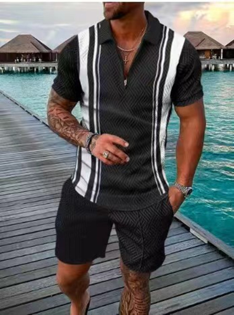 Men s Suit 3D Color Stitching Print Summer Short Sleeve Polo Shirt Shorts Fashion Zipper Two Piece Set 220707