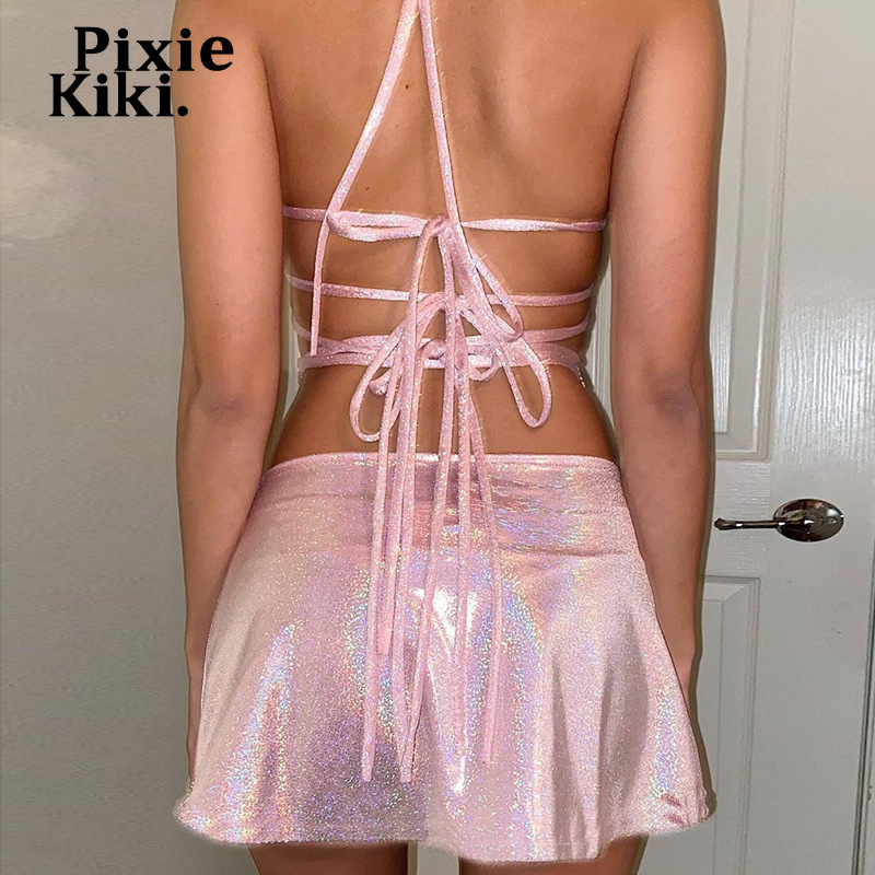 PixieKiki Glitter Pink Two Piece Set Fairy Grunge Crop Top Mini Skirt Summer Clothes Sexy Club Rave Festival Outfit P82CA11 220602
