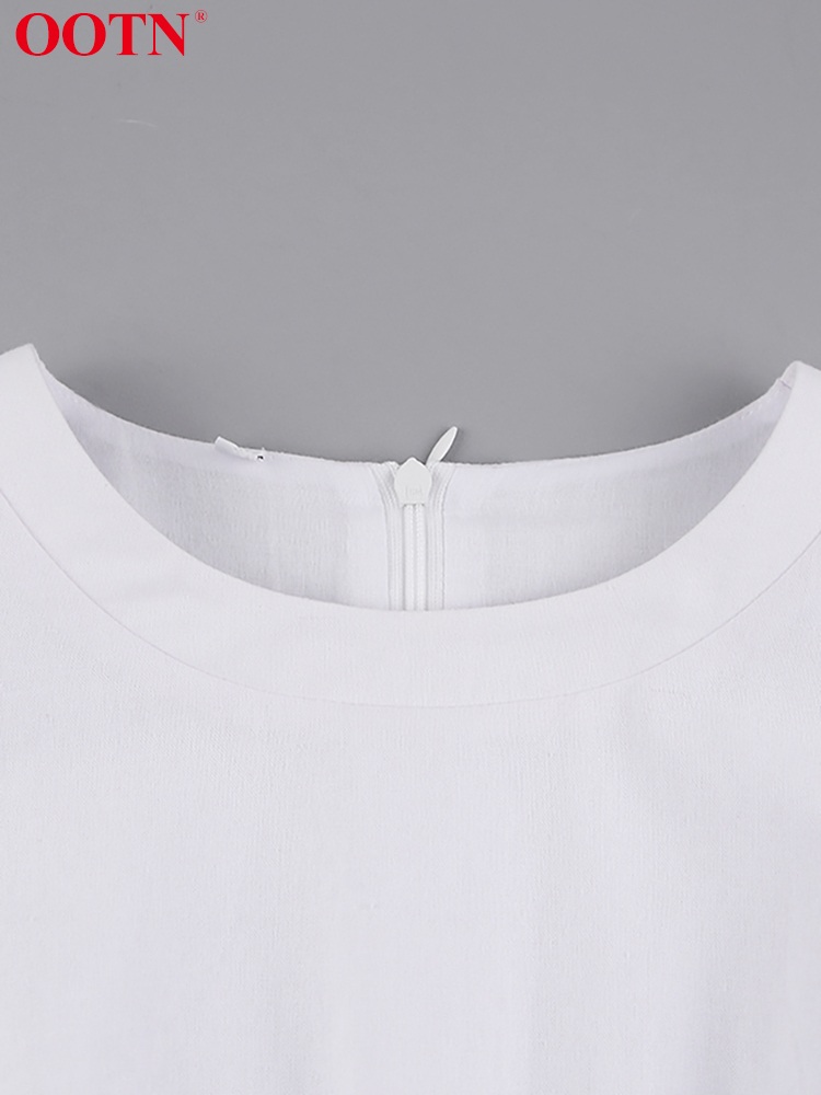 OOTN Summer Casual White Women Dress Short Sleeve O-Neck Black Solid Dress Ladies Elegant High Waist Cotton Linen Dresses 220511