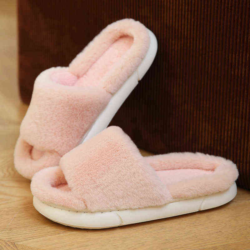 2022 Women Slippers Winter Fluffy Fur Furry Thick Platform Home Warm Plush Slides Men Non-slip Flip Flops Indoor Cotton Shoes G220816