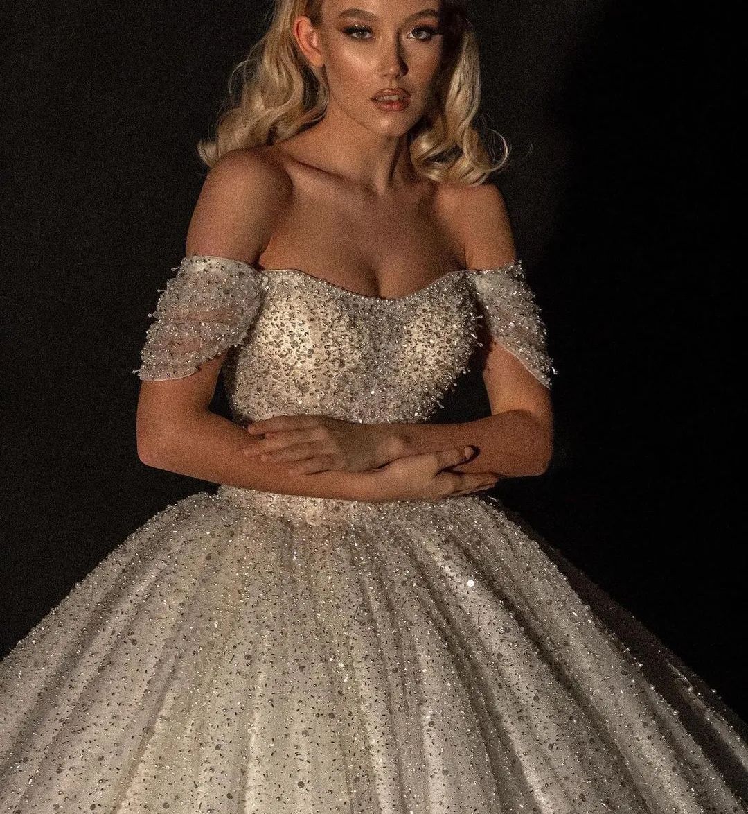 urious Ball Dresses Sweetheart Off Shoulder Strapless Cap Sleeve Crystal Beaded Sequins Lace Sweep Train Bridal Gowns Custom Made Wedding Gown