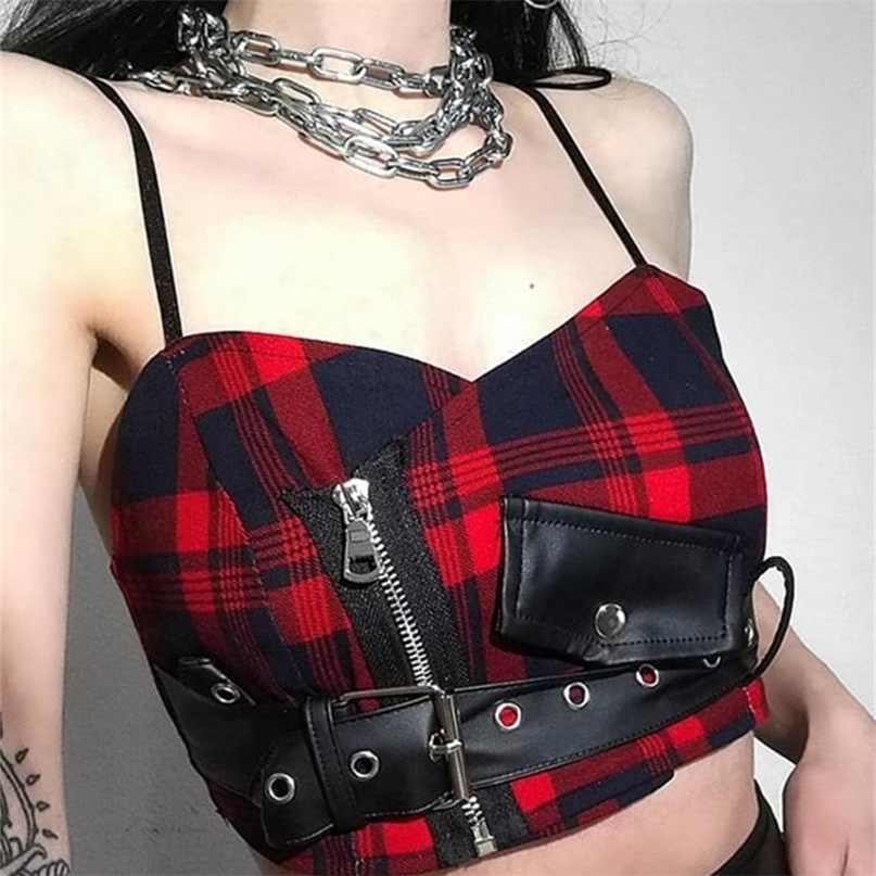 Sexy Straps Tank Top Women Gothic PU Red Plaid Streetwear Sashes Belt Zipper Punk Girl Summer Casual Crop Tops Camis 220325