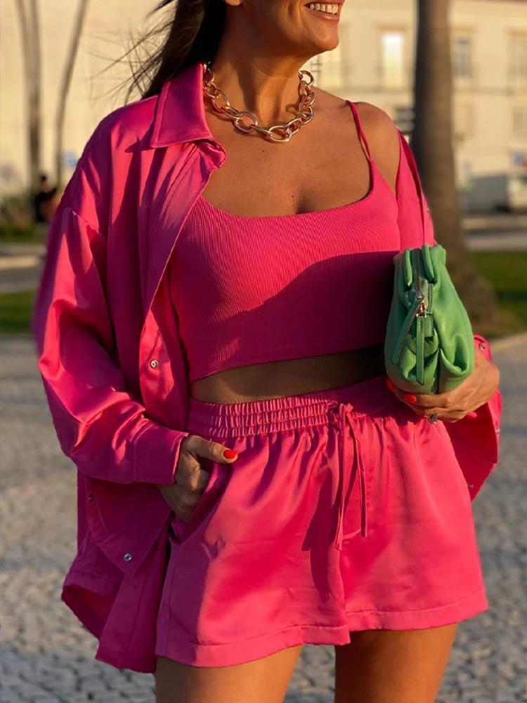 Women's Tracksuits 2022 Summer Solid Satin Shirt With Mini Shorts Two Pieces Set Female Fashion Casual Long Sleeve Outfits Blouses Tracksuit, Pink
Women's Tracksuits 2022 Summer Solid Satin Shirt With Mini Shorts Two Pieces Set Female Fashion Casual Long Sleeve Outfits Blouses Tracksuit, Pink