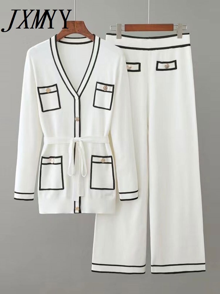 JXMYY Early Autumn Long-Sleeve Knit Suit Lace-Up Waist Mid-Length V-Neck Cardigan + Wide-Leg Pants Two-Piece Female 220315