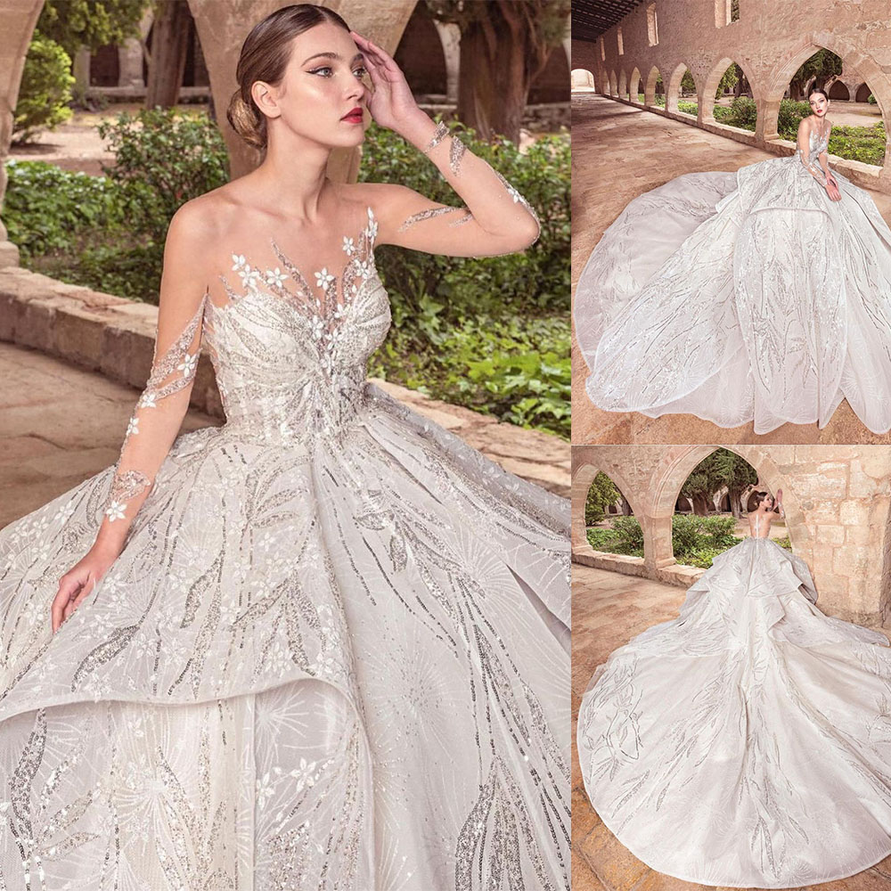 Wedding Dresses StraplessLace Appliques Sequins Bridal Gowns Sweep Train Sheer Long Sleeve Wedding Dress Vestidos De Novia