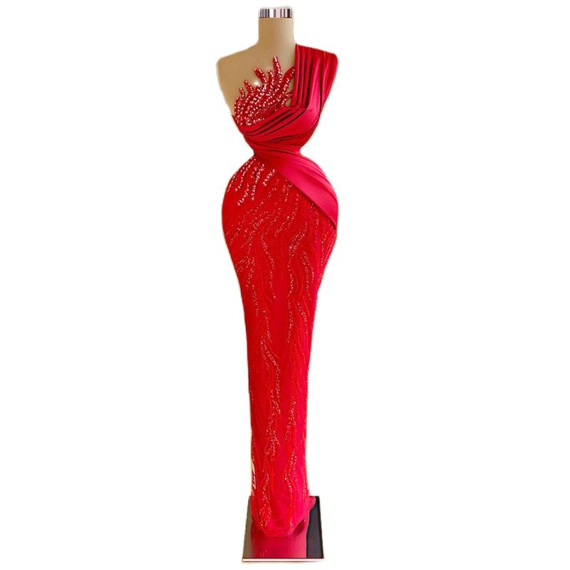 Red Mermaid Prom Dresses Sexy Bateau Neck Sleeveless One Shoulder Sequins Appliques Beads Satin Lace Hollow Floor Length Plus Size Formal Party Gowns 