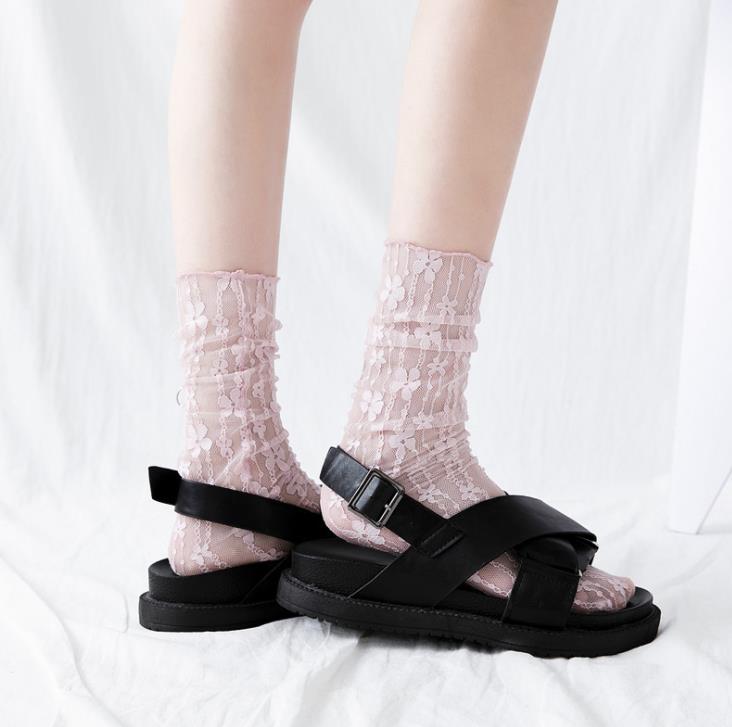 Women Lace Ankle Socks Sheer See Through Slouch Sock Transparent Loose Socks Vintate Floral Midle Stockings