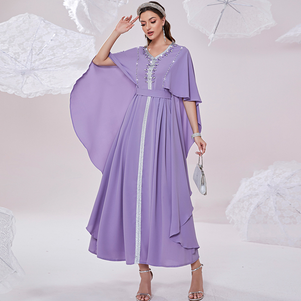 Muslim Lilac Caftan Marocain Evening Dress 2022 With Caped Sleeves Sexy V Neck Abaya Dubai Prom Dresses Elegant Formal Party Vestidos De Robe Midi Abi