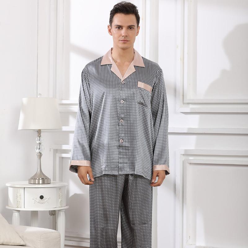 Men's Sleepwear Luxury Silky Satin Pajamas Set Men Printing Spring Autumn Pyjamas Male Fashion Casual Long-sleeved Trousers HomewearMen's