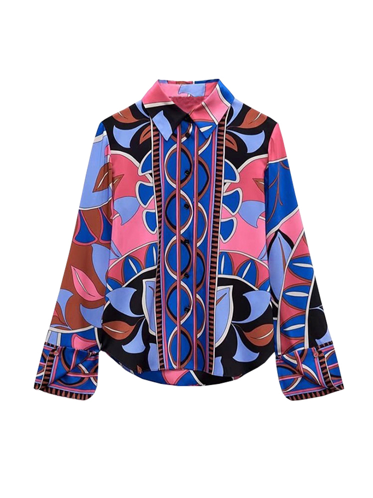 TFMLN 3PCS Women Bermuda Printed Blouses Short Skirt Set Turn Down Collar Long Sleeve Tops High Waist Outfits 220602