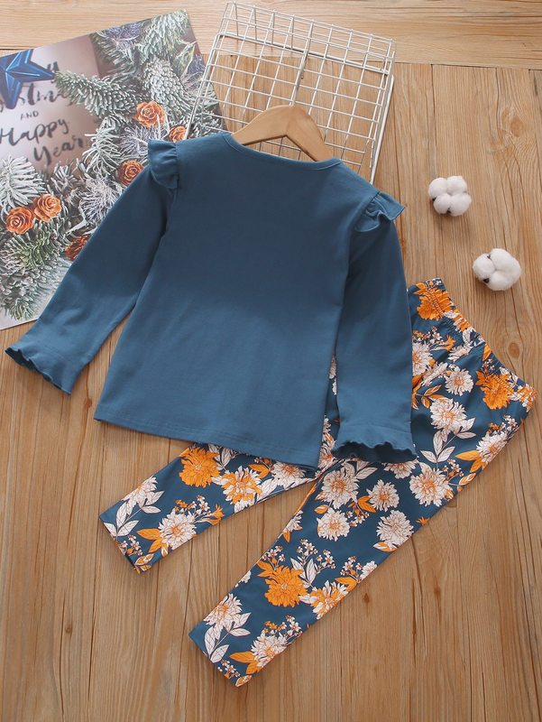 Toddler Girl Ruffle Trim Tee With Floral Leggings SHE