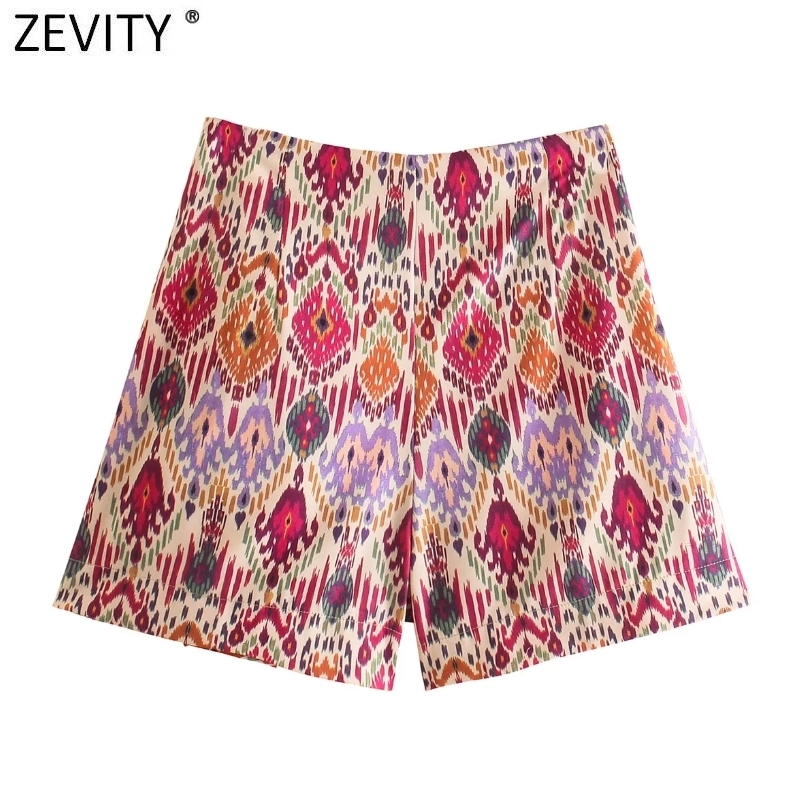 Zevity Women Totem Floral Print Bermuda Shorts Ladies Chic Side Zipper Bow Tied Casual Shorts Skirts Pantalone Cortos P1231 220527