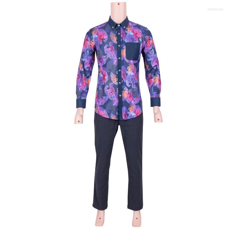 Men's Dress Shirts In Stock Fashion Male Shirt Casual Long Sleeve Button For Men African Printed Floral XH037Men's Eldd22