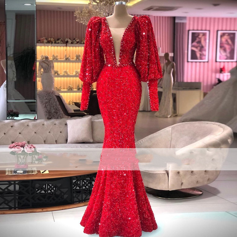 Red Sparkly Mermaid Evening Formal Dresses 2022 Puffy Long Sleeve Lace Beaded African Arabic Aso Ebi Prom Reception Engagement Gown