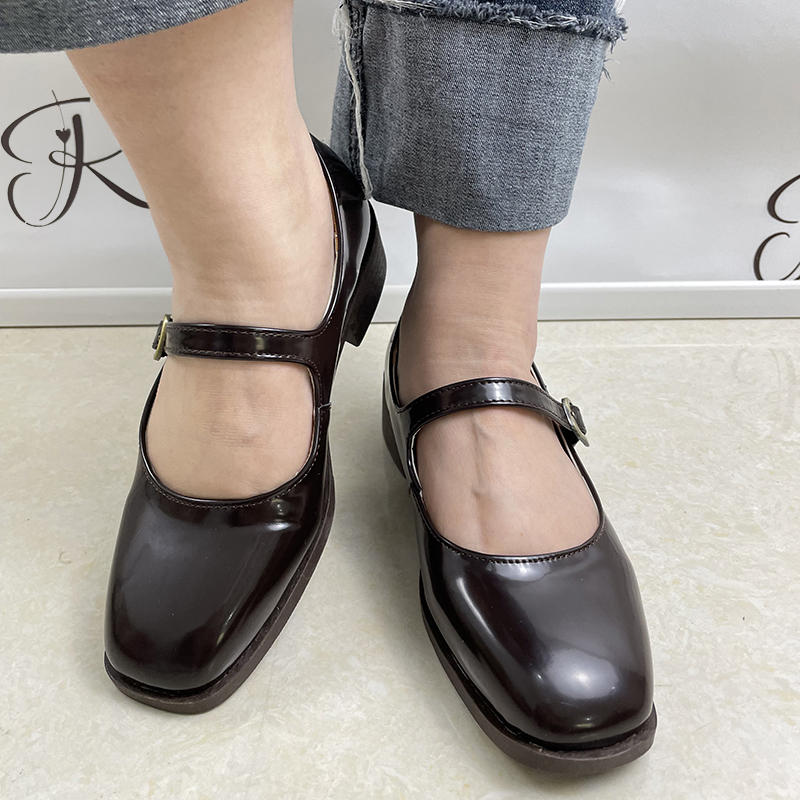 Rimocy Vintage Square Toe Patent Leather Shoes Women Ankle Strap Low Heel Mary Jane Shoes Woman Dark Brown Shallow Pumps 220402
