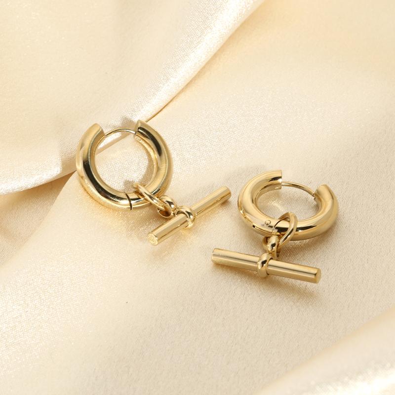Hoop & Huggie Stainless Steel T-bar Hanging Earring Waterproof Jewelry Gold Color Chunky Earrings For WomenHoop
