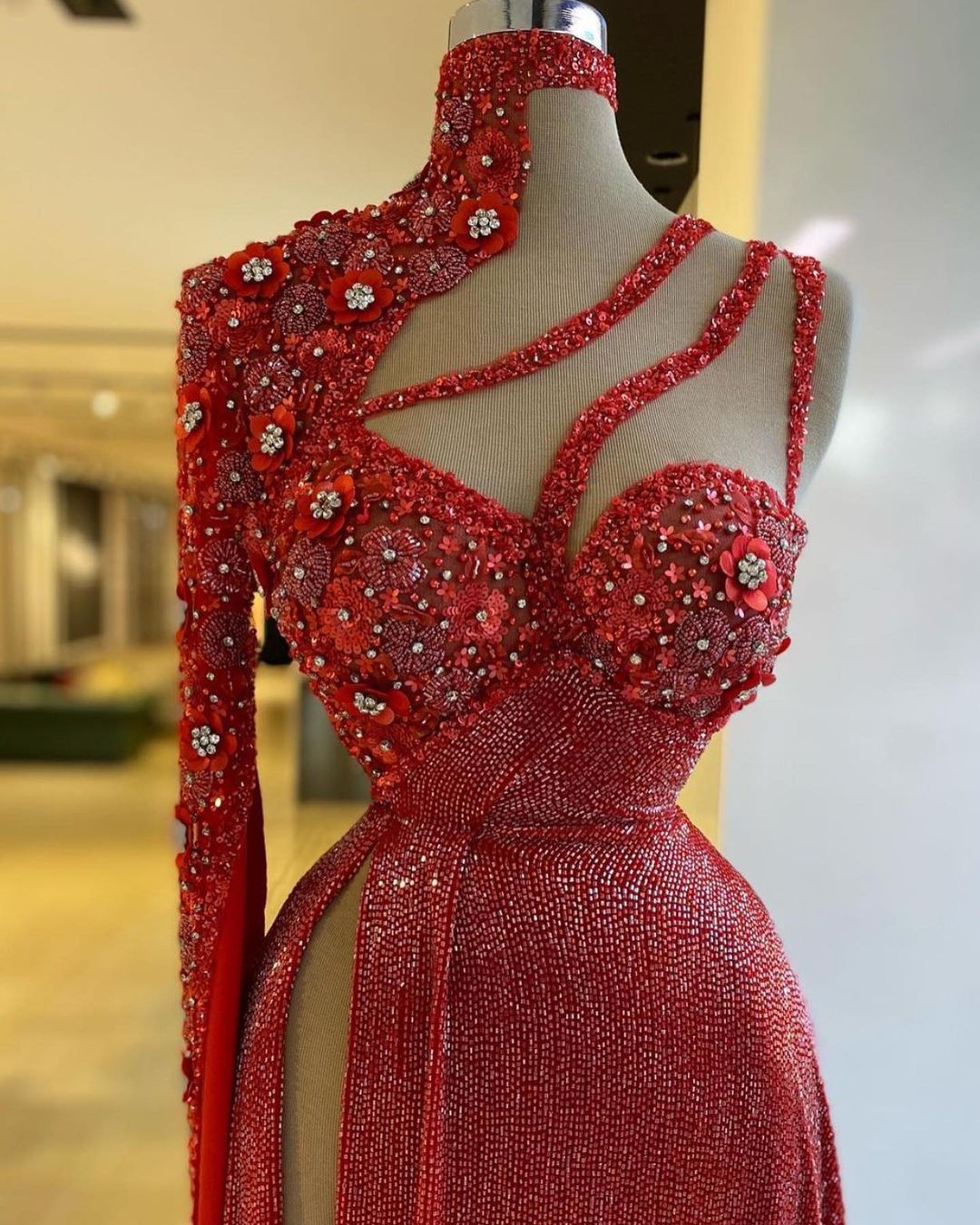 Serxy Red Beading Mermaid Evening Dresses High Split Elegant Applique Cut Out One Shoulder For Women Party Gowns