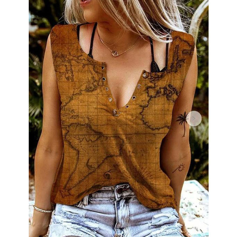 Summer V-neck F] Map Printed T-shirt Breasted Casual Sleeveless Top Women's Loose Sexy Vest Large Size Clothing 220325